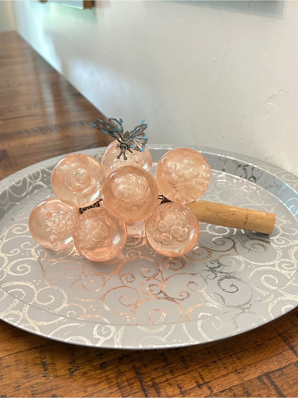 Vintage Blush Pink Acrylic Ball Cluster with Bamboo Stem and Butterfly Accent